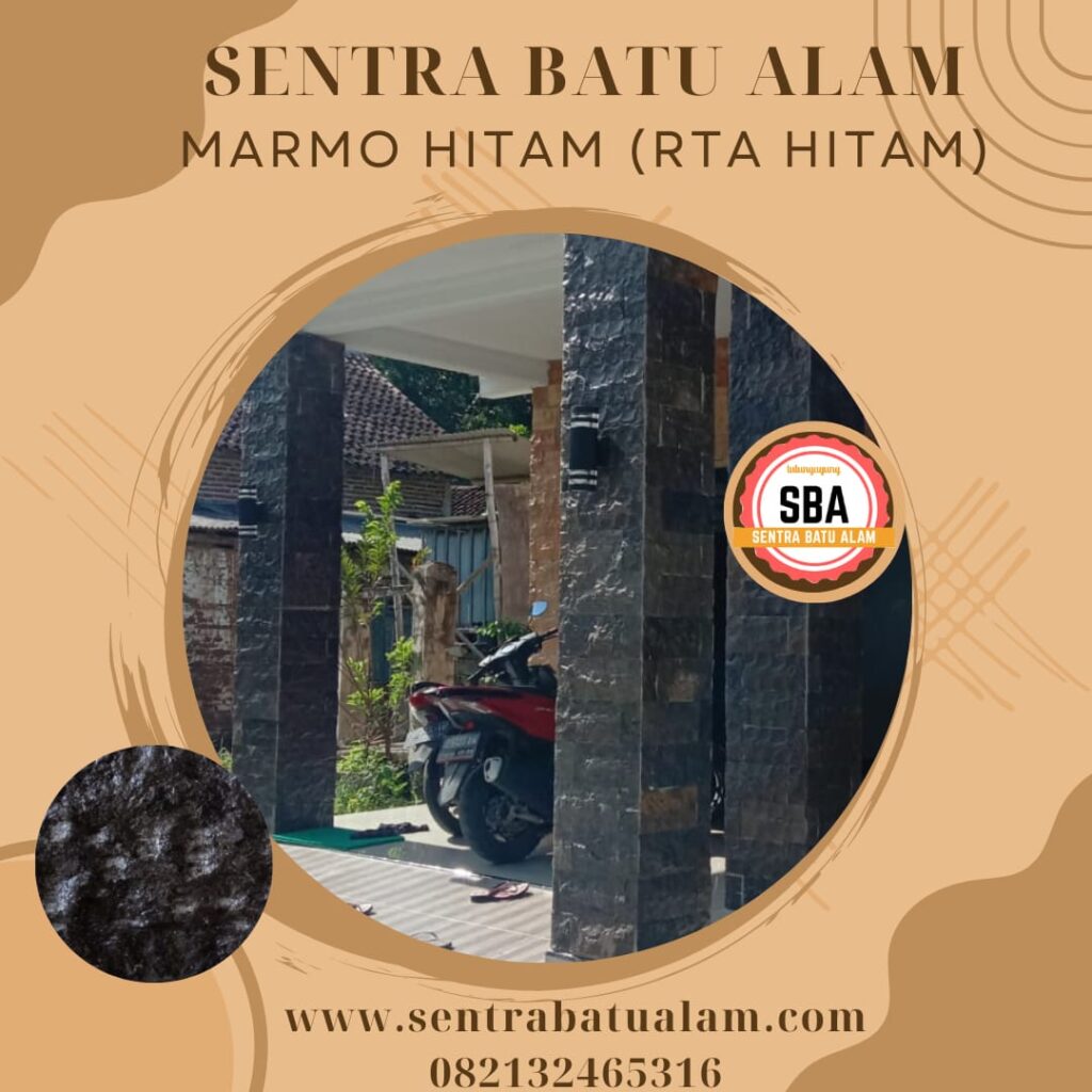 Batu marmo hitam proses pembuatannya yaitu dengan cara diambil dari batu kulitan / bongkahan batu yang masih kasar, dengan proses sebelah di potong mesin yang sebelahnya lagi dibiarkan kasar menonjol, atau dengan cara di buat rata mesin dulu dengan ketebalan sekitar 5-6cm lalu kedua belah sisi di buat kasar menonjol setelah jadi tengahnya dibelah menjadi dua .karakter dari marmo hitam yakni teksturnya keras,permukaan yang tidak rata dan bergelombang .dari permukaan yang tidak rata inilah kesan alami itu muncul.